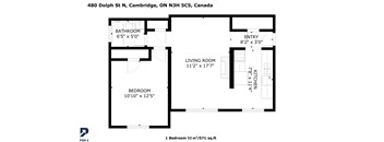 A black and white image of a floor plan for a one bedroom apartment.