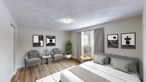 A bedroom with a large bed, two chairs, a table, and three pictures on the wall.