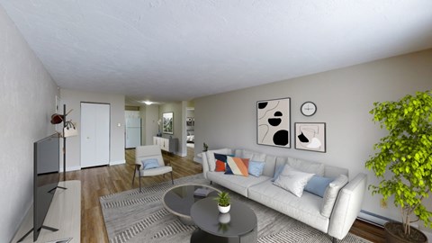 A living room with a white couch and a television.