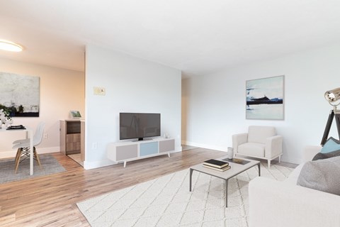 A living room with a white couch, a coffee table, a television, and a painting on the wall.