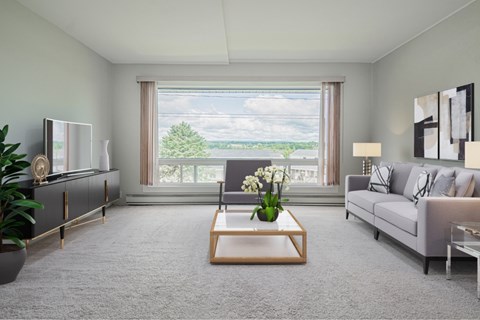 A modern living room with a grey carpet and a large window overlooking a lake.