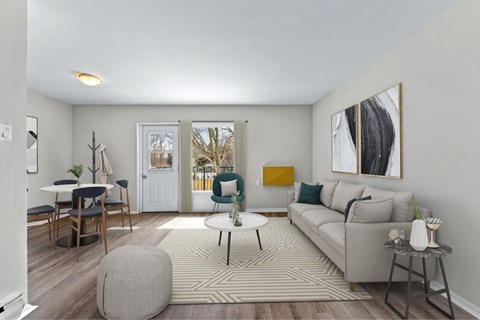 A living room with a grey couch, a coffee table, and a rug.