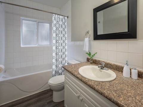 A bathroom with a brown granite countertop and a white toilet.