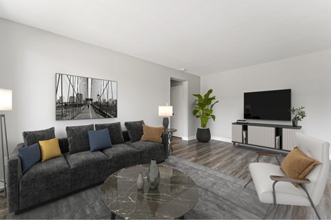 A modern living room with a grey sofa, a coffee table, and a television.