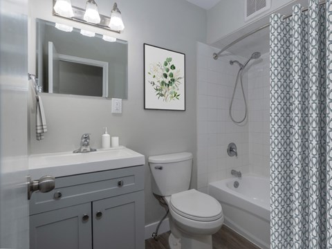A bathroom with a toilet, sink, and shower.