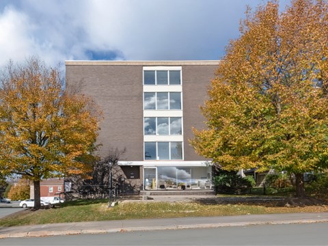 A modern building with a glass facade is surrounded by trees with autumn leaves.