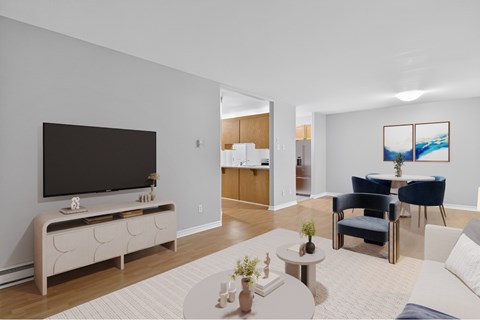 A living room with a television, two chairs, a table, and a rug.