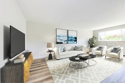A living room with a television, a couch, and a coffee table.