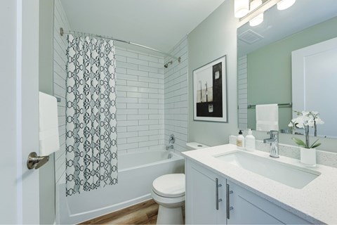 A white toilet sits next to a bathtub in a bathroom.