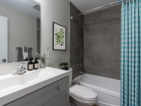 A bathroom with a white sink, a toilet, a bathtub, and a shower curtain.