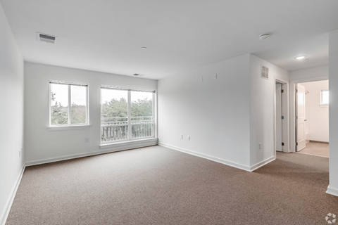 A large empty room with carpeted floor and two windows.