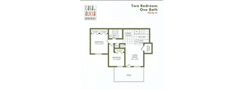 A floor plan for a two bedroom, one bath apartment at Casa de Alicia.