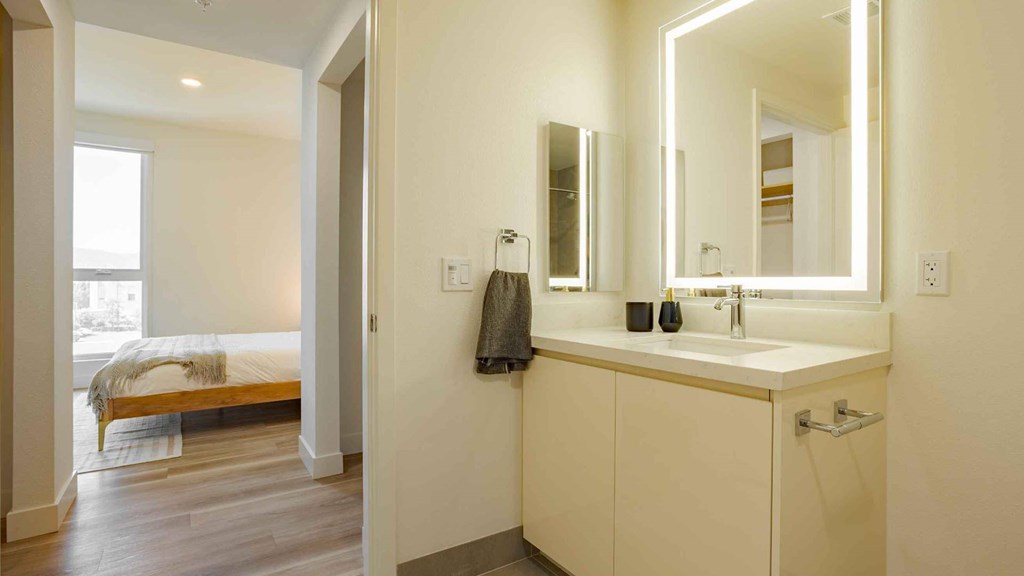 A bathroom with a white sink and a mirror.