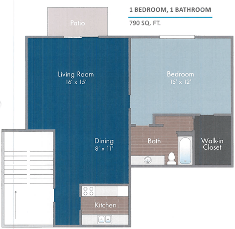 A diagram of a 1 bedroom, 1 bathroom apartment sized 790 square feet.