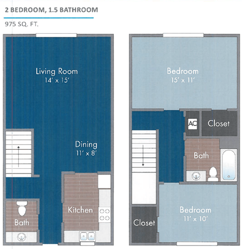 A floor plan of a 2 bedroom, 1.5 bathroom apartment sized 975 square feet.