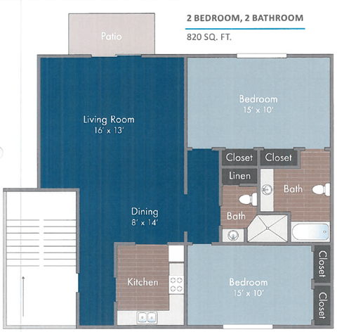 A floor plan of a 2 bedroom, 2 bathroom apartment sized 820 square feet.