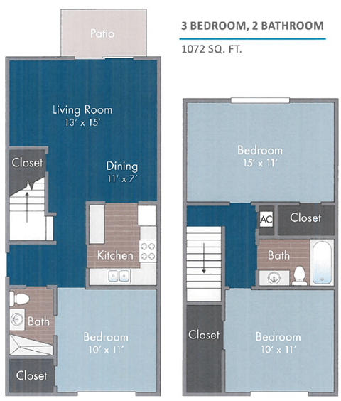 A floor plan of a 3 bedroom, 2 bathroom apartment.