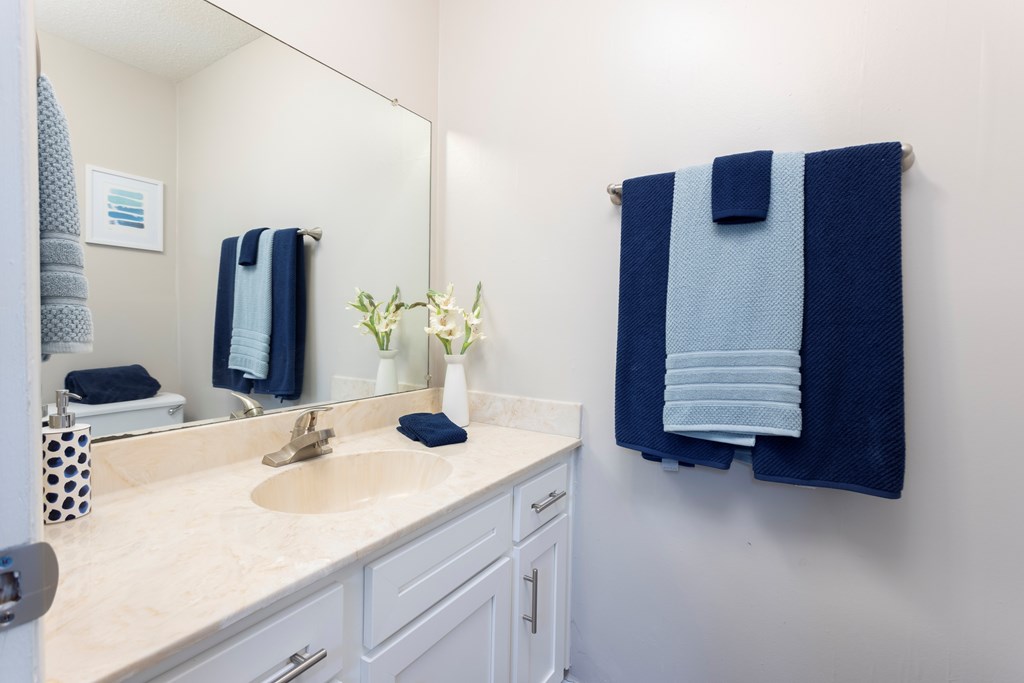 A bathroom with a sink, mirror, and towel rack.
