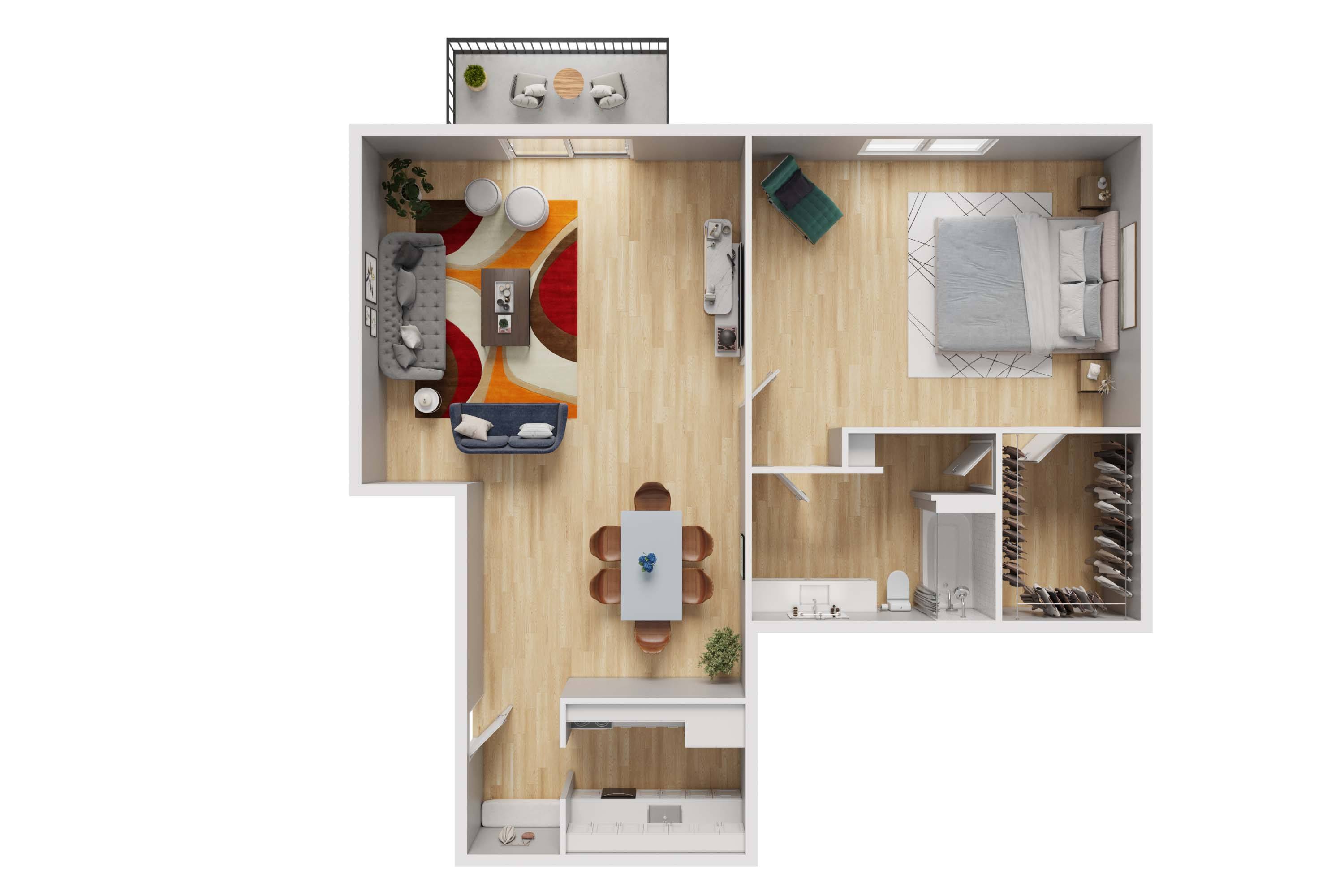 A top down view of a small apartment with a kitchen, living room, and bedroom.