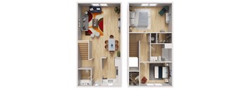 A set of two images showing a top and side view of a small apartment.