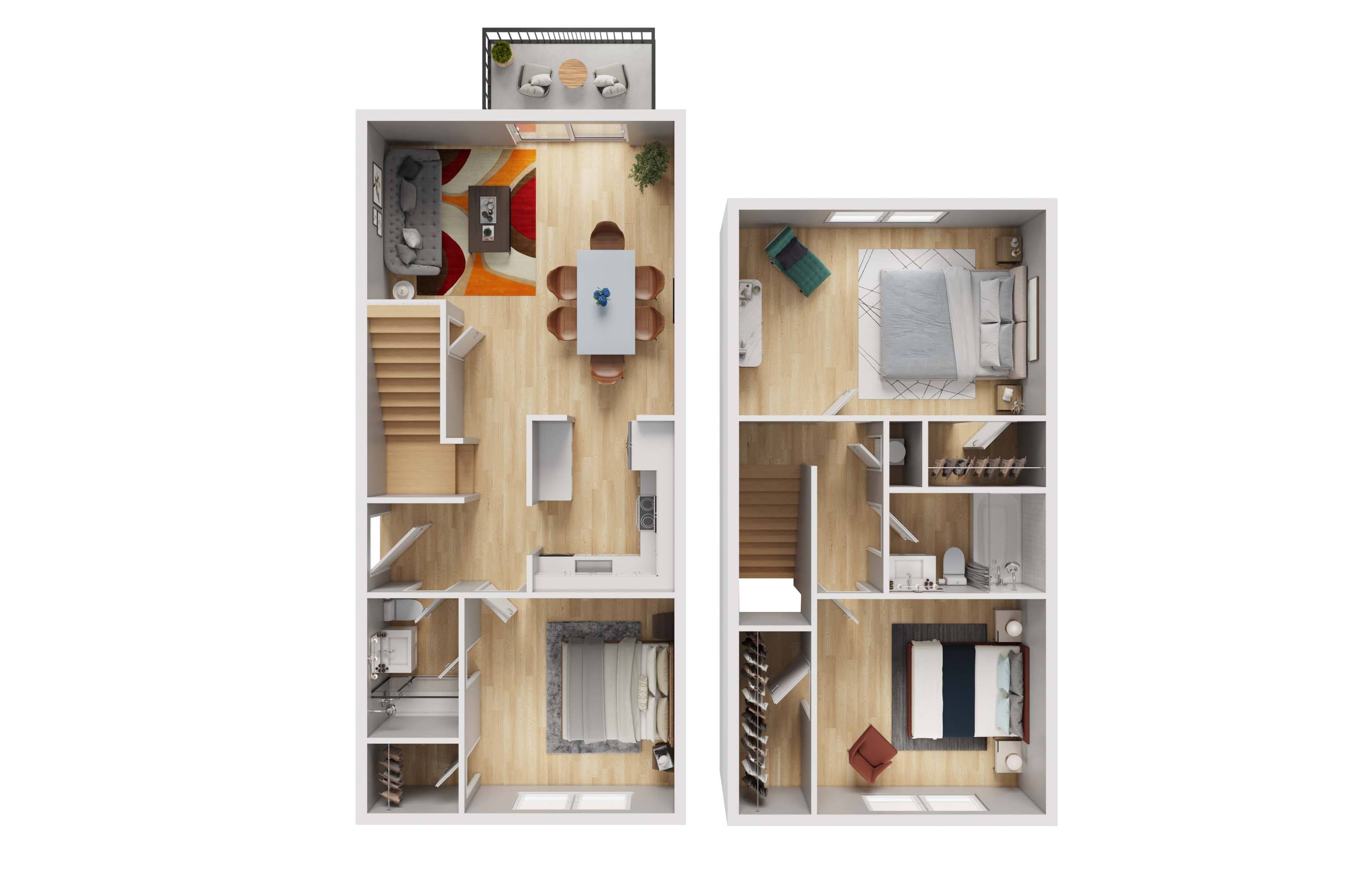 A floor plan of a two-bedroom apartment at Oaks at Victory