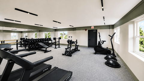 Fitness center with equipment and natural light at The Miles Apartments, South Hamilton, Massachusetts
