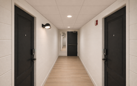 Interior hallway with black doors and wood style flooring at The Miles Apartments, Massachusetts, 01982