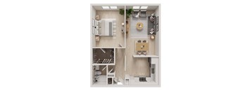 3D floor plan showing one bedroom layout at The Miles Apartments, Massachusetts, 01982