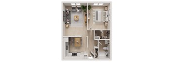 3D floor plan with one bedroom and open living area at The Miles Apartments, South Hamilton, MA 01982