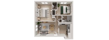 Two bedroom apartment 3D floor plan overview at The Miles Apartments, South Hamilton, MA
