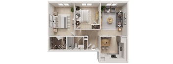 3D two bedroom floor plan with modern furnishings at The Miles Apartments, South Hamilton, 01982