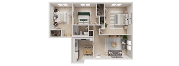 3D two bedroom layout with walk-in closets at The Miles Apartments, South Hamilton, Massachusetts