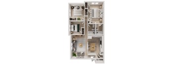 3D floor plan with two bedrooms and bathroom at The Miles Apartments, South Hamilton