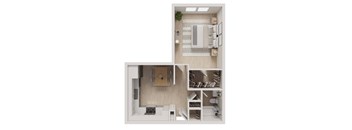 3D floor plan with bedroom and bathroom layout at The Miles Apartments, Massachusetts, 01982