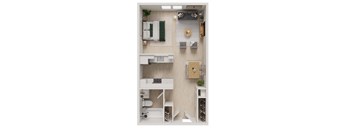 3D one bedroom floor plan with open kitchen at The Miles Apartments, South Hamilton, MA 01982