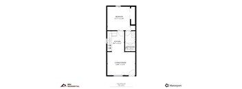 A floor plan for a residential unit with a bedroom, kitchen, bathroom, and living/dining area.