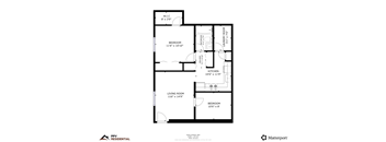 A floor plan for a home with a living room, two bedrooms, and a kitchen.