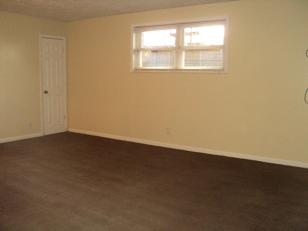 A room with a brown carpet and a white door.