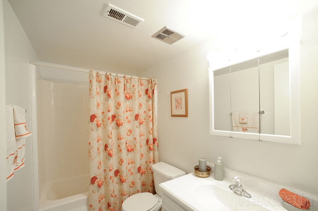 a bathroom with a shower curtain and a sink and a toilet
