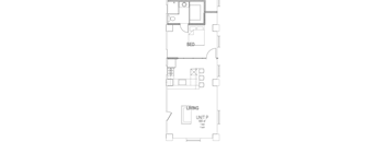A floor plan of a living unit with a bed and a bath.