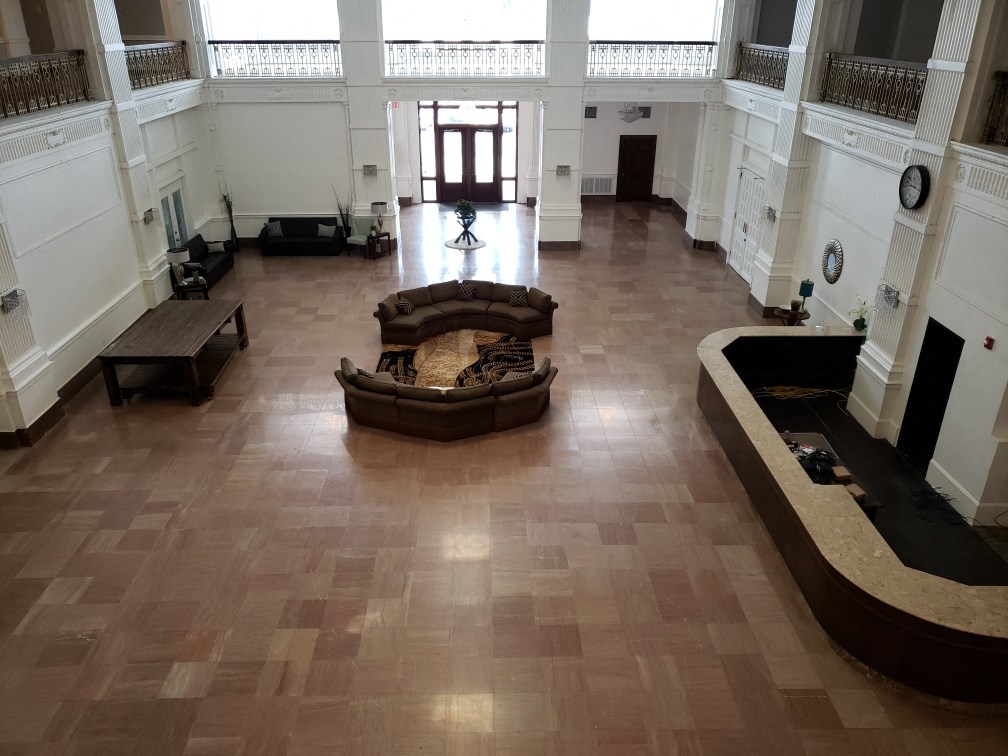 a view of the hall from the second floor of the museum