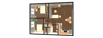 A floor plan of a house with a living room, kitchen, and two bedrooms.