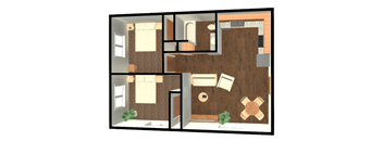 A 3D rendered image of a house layout.