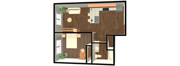 A floor plan of a house with a kitchen, living room, and bathroom.