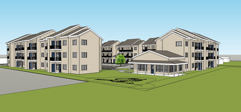 A rendering of a modern apartment complex with multiple buildings and balconies.