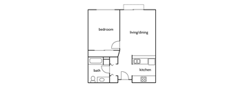 A floor plan of a small apartment with a bedroom, living/dining area, and kitchen.