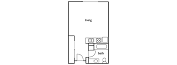 A drawing of a room with a bath and living area.