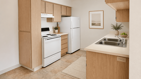 A kitchen with a white refrigerator, a white stove, and a white dishwasher.