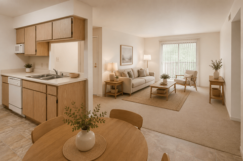 A modern kitchen with wooden cabinets and a dining table with chairs.