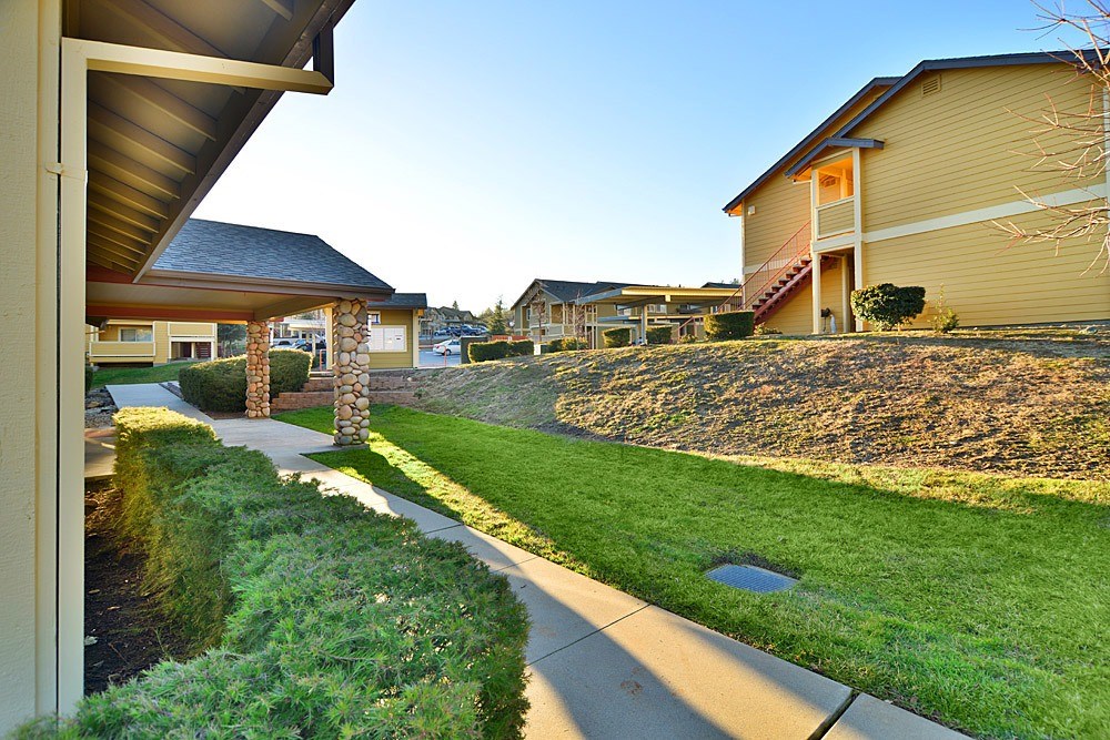 A residential area with houses and a sidewalk.